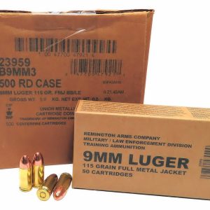 9mm 9×19 Ammo 115gr FMJ Remington Military LE Training (B9MM3) 500 Round Case