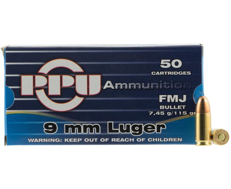 PPU Handgun 9mm Luger 115gr. FMJ Brass 9mm 50Rds PPU Handgun 9mm Luger 115gr. FMJ Brass 9mm 50Rds